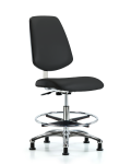 Class 10 Clean Room Vinyl Chair Chrome - Medium Bench Height with Medium Back, Chrome Foot Ring, & Stationary Glides in Black Trailblazer Vinyl CLR-VMBCH-MB-CR-CF-RG-8540