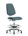 Class 10 Clean Room Vinyl Chair Chrome - Medium Bench Height with Medium Back, Chrome Foot Ring, & Stationary Glides in Colonial Blue Trailblazer Vinyl CLR-VMBCH-MB-CR-CF-RG-8546