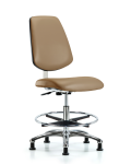 Class 10 Clean Room Vinyl Chair Chrome - Medium Bench Height with Medium Back, Chrome Foot Ring, & Stationary Glides in Taupe Trailblazer Vinyl CLR-VMBCH-MB-CR-CF-RG-8584