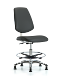 Class 10 Clean Room Vinyl Chair Chrome - Medium Bench Height with Medium Back, Chrome Foot Ring, & Stationary Glides in Charcoal Trailblazer Vinyl CLR-VMBCH-MB-CR-CF-RG-8605