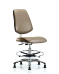 Class 10 Clean Room Vinyl Chair Chrome - Medium Bench Height with Medium Back, Chrome Foot Ring, & Stationary Glides in Taupe Supernova Vinyl CLR-VMBCH-MB-CR-CF-RG-8809