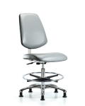 Class 10 Clean Room Vinyl Chair Chrome - Medium Bench Height with Medium Back, Chrome Foot Ring, & Stationary Glides in Sterling Supernova Vinyl CLR-VMBCH-MB-CR-CF-RG-8840