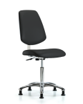 Class 10 Clean Room Vinyl Chair Chrome - Medium Bench Height with Medium Back & Stationary Glides in Black Trailblazer Vinyl CLR-VMBCH-MB-CR-NF-RG-8540