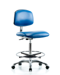 Class 10 Clean Room/ESD Vinyl Chair - High Bench Height with Chrome Foot Ring & ESD Casters in ESD Blue Vinyl ECR-VHBCH-CR-CF-EC-ESDBLU