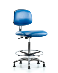 Class 10 Clean Room/ESD Vinyl Chair - High Bench Height with Chrome Foot Ring & ESD Stationary Glides in ESD Blue Vinyl ECR-VHBCH-CR-CF-EG-ESDBLU