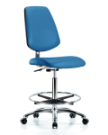 Class 10 Clean Room/ESD Vinyl Chair - High Bench Height with Medium Back, Chrome Foot Ring, & ESD Casters in ESD Blue Vinyl ECR-VHBCH-MB-CR-CF-EC-ESDBLU