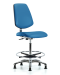 Class 10 Clean Room/ESD Vinyl Chair - High Bench Height with Medium Back, Chrome Foot Ring, & ESD Stationary Glides in ESD Blue Vinyl ECR-VHBCH-MB-CR-CF-EG-ESDBLU