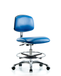 Class 10 Clean Room/ESD Vinyl Chair - Medium Bench Height with Chrome Foot Ring & ESD Casters in ESD Blue Vinyl ECR-VMBCH-CR-CF-EC-ESDBLU