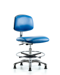Class 10 Clean Room/ESD Vinyl Chair - Medium Bench Height with Chrome Foot Ring & ESD Stationary Glides in ESD Blue Vinyl ECR-VMBCH-CR-CF-EG-ESDBLU
