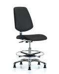 Class 10 Clean Room/ESD Vinyl Chair - Medium Bench Height with Medium Back, Chrome Foot Ring, & ESD Stationary Glides in ESD Black Vinyl ECR-VMBCH-MB-CR-CF-EG-ESDBLK