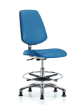Class 10 Clean Room/ESD Vinyl Chair - Medium Bench Height with Medium Back, Chrome Foot Ring, & ESD Stationary Glides in ESD Blue Vinyl ECR-VMBCH-MB-CR-CF-EG-ESDBLU