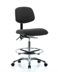 Fabric ESD Chair - High Bench Height with Chrome Foot Ring & ESD Casters in ESD Black Fabric ESD-FHBCH-CR-T0-A0-CF-EC-ESDBLK