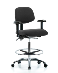 Fabric ESD Chair - High Bench Height with Adjustable Arms, Chrome Foot Ring, & ESD Casters in ESD Black Fabric ESD-FHBCH-CR-T0-A1-CF-EC-ESDBLK