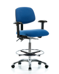 Fabric ESD Chair - High Bench Height with Seat Tilt, Adjustable Arms, Chrome Foot Ring, & ESD Casters in ESD Blue Fabric ESD-FHBCH-CR-T1-A1-CF-EC-ESDBLU