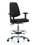 Fabric ESD Chair - High Bench Height with Medium Back, Adjustable Arms, Chrome Foot Ring, & ESD Casters in ESD Black Fabric ESD-FHBCH-MB-CR-T0-A1-CF-EC-ESDBLK