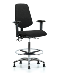 Fabric ESD Chair - High Bench Height with Medium Back, Adjustable Arms, Chrome Foot Ring, & ESD Stationary Glides in ESD Black Fabric ESD-FHBCH-MB-CR-T0-A1-CF-EG-ESDBLK