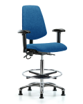 Fabric ESD Chair - High Bench Height with Medium Back, Seat Tilt, Adjustable Arms, Chrome Foot Ring, & ESD Stationary Glides in ESD Blue Fabric ESD-FHBCH-MB-CR-T1-A1-CF-EG-ESDBLU
