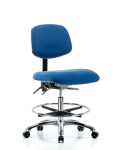 Fabric ESD Chair - Medium Bench Height with Chrome Foot Ring & ESD Casters in ESD Blue Fabric ESD-FMBCH-CR-T0-A0-CF-EC-ESDBLU