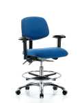 Fabric ESD Chair - Medium Bench Height with Adjustable Arms, Chrome Foot Ring, & ESD Casters in ESD Blue Fabric ESD-FMBCH-CR-T0-A1-CF-EC-ESDBLU