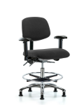 Fabric ESD Chair - Medium Bench Height with Adjustable Arms, Chrome Foot Ring, & ESD Stationary Glides in ESD Black Fabric ESD-FMBCH-CR-T0-A1-CF-EG-ESDBLK