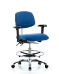 Fabric ESD Chair - Medium Bench Height with Seat Tilt, Adjustable Arms, Chrome Foot Ring, & ESD Casters in ESD Blue Fabric ESD-FMBCH-CR-T1-A1-CF-EC-ESDBLU