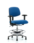Fabric ESD Chair - Medium Bench Height with Seat Tilt, Adjustable Arms, Chrome Foot Ring, & ESD Stationary Glides in ESD Blue Fabric ESD-FMBCH-CR-T1-A1-CF-EG-ESDBLU