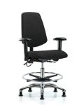 Fabric ESD Chair - Medium Bench Height with Medium Back, Seat Tilt, Adjustable Arms, Chrome Foot Ring, & ESD Stationary Glides in ESD Black Fabric ESD-FMBCH-MB-CR-T1-A1-CF-EG-ESDBLK