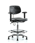 Polyurethane ESD Chair - High Bench Height with Chrome Foot Ring, Adjustable Arms, & ESD Stationary Glides ESD-PHBCH-CR-T0-A1-CF-EG