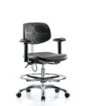 Polyurethane ESD Chair - Medium Bench Height with Chrome Foot Ring, Seat Tilt, Adjustable Arms, & ESD Casters ESD-PMBCH-CR-T1-A1-CF-EC