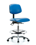 Vinyl ESD Chair - High Bench Height with Chrome Foot Ring & ESD Casters in ESD Blue Vinyl ESD-VHBCH-CR-T0-A0-CF-EC-ESDBLU