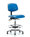 Vinyl ESD Chair - High Bench Height with Chrome Foot Ring & ESD Stationary Glides in ESD Blue Vinyl ESD-VHBCH-CR-T0-A0-CF-EG-ESDBLU