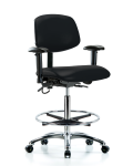 Vinyl ESD Chair - High Bench Height with Adjustable Arms, Chrome Foot Ring, & ESD Casters in ESD Black Vinyl ESD-VHBCH-CR-T0-A1-CF-EC-ESDBLK