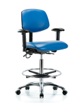 Vinyl ESD Chair - High Bench Height with Adjustable Arms, Chrome Foot Ring, & ESD Casters in ESD Blue Vinyl ESD-VHBCH-CR-T0-A1-CF-EC-ESDBLU