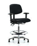 Vinyl ESD Chair - High Bench Height with Adjustable Arms, Chrome Foot Ring, & ESD Stationary Glides in ESD Black Vinyl ESD-VHBCH-CR-T0-A1-CF-EG-ESDBLK