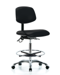 Vinyl ESD Chair - High Bench Height with Seat Tilt, Chrome Foot Ring, & ESD Casters in ESD Black Vinyl ESD-VHBCH-CR-T1-A0-CF-EC-ESDBLK