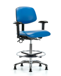 Vinyl ESD Chair - High Bench Height with Seat Tilt, Adjustable Arms, Chrome Foot Ring, & ESD Stationary Glides in ESD Blue Vinyl ESD-VHBCH-CR-T1-A1-CF-EG-ESDBLU