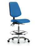 Vinyl ESD Chair - High Bench Height with Medium Back, Chrome Foot Ring, & ESD Casters in ESD Blue Vinyl ESD-VHBCH-MB-CR-T0-A0-CF-EC-ESDBLU