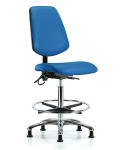 Vinyl ESD Chair - High Bench Height with Medium Back, Chrome Foot Ring, & ESD Stationary Glides in ESD Blue Vinyl ESD-VHBCH-MB-CR-T0-A0-CF-EG-ESDBLU