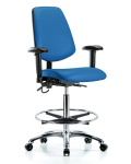 Vinyl ESD Chair - High Bench Height with Medium Back, Adjustable Arms, Chrome Foot Ring, & ESD Casters in ESD Blue Vinyl ESD-VHBCH-MB-CR-T0-A1-CF-EC-ESDBLU