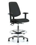 Vinyl ESD Chair - High Bench Height with Medium Back, Adjustable Arms, Chrome Foot Ring, & ESD Stationary Glides in ESD Black Vinyl ESD-VHBCH-MB-CR-T0-A1-CF-EG-ESDBLK