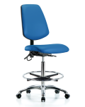 Vinyl ESD Chair - High Bench Height with Medium Back, Seat Tilt, Chrome Foot Ring, & ESD Casters in ESD Blue Vinyl ESD-VHBCH-MB-CR-T1-A0-CF-EC-ESDBLU