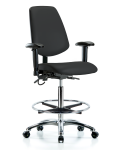 Vinyl ESD Chair - High Bench Height with Medium Back, Seat Tilt, Adjustable Arms, Chrome Foot Ring, & ESD Casters in ESD Black Vinyl ESD-VHBCH-MB-CR-T1-A1-CF-EC-ESDBLK