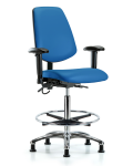 Vinyl ESD Chair - High Bench Height with Medium Back, Seat Tilt, Adjustable Arms, Chrome Foot Ring, & ESD Stationary Glides in ESD Blue Vinyl ESD-VHBCH-MB-CR-T1-A1-CF-EG-ESDBLU