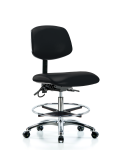 Vinyl ESD Chair - Medium Bench Height with Chrome Foot Ring & ESD Casters in ESD Black Vinyl ESD-VMBCH-CR-T0-A0-CF-EC-ESDBLK