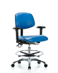 Vinyl ESD Chair - Medium Bench Height with Adjustable Arms, Chrome Foot Ring, & ESD Casters in ESD Blue Vinyl ESD-VMBCH-CR-T0-A1-CF-EC-ESDBLU