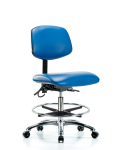 Vinyl ESD Chair - Medium Bench Height with Seat Tilt, Chrome Foot Ring, & ESD Casters in ESD Blue Vinyl ESD-VMBCH-CR-T1-A0-CF-EC-ESDBLU