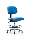 Vinyl ESD Chair - Medium Bench Height with Seat Tilt, Chrome Foot Ring, & ESD Stationary Glides in ESD Blue Vinyl ESD-VMBCH-CR-T1-A0-CF-EG-ESDBLU