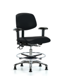 Vinyl ESD Chair - Medium Bench Height with Seat Tilt, Adjustable Arms, Chrome Foot Ring, & ESD Stationary Glides in ESD Black Vinyl ESD-VMBCH-CR-T1-A1-CF-EG-ESDBLK