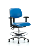 Vinyl ESD Chair - Medium Bench Height with Seat Tilt, Adjustable Arms, Chrome Foot Ring, & ESD Stationary Glides in ESD Blue Vinyl ESD-VMBCH-CR-T1-A1-CF-EG-ESDBLU