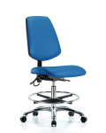 Vinyl ESD Chair - Medium Bench Height with Medium Back, Chrome Foot Ring, & ESD Casters in ESD Blue Vinyl ESD-VMBCH-MB-CR-T0-A0-CF-EC-ESDBLU